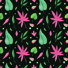 Seamless pattern with different decorative tropical leaves on a dark green background. Watercolor illustration. Print on fabric and paper. Wallpaper. Plants. Nature. Exotic. Art. Design. Handmade.