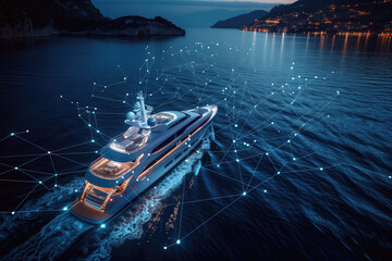 Luxury yacht overlaying with digital virtual lines