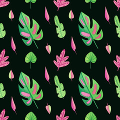 Seamless pattern with green and pink tropical leaves on a dark green background. Watercolor illustration. Print on fabric and paper. Wallpaper. Plants. Nature. Exotic. Art. Design. Handmade work.