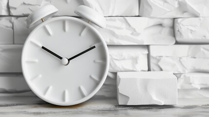 Fototapeta na wymiar A minimalist, white ceramic clock, its hands marking a significant moment, set against a fancy.