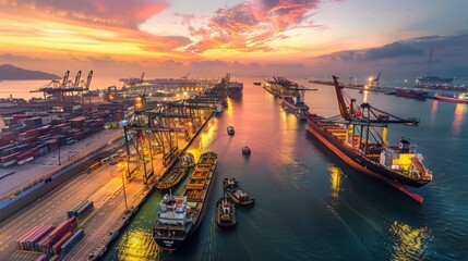 A panoramic view of a bustling port terminal at sunset, with cargo ships lined up along the docks and the sky ablaze with warm colors
