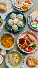 Uzbek Food, Dumplings, Soup, Salad, and Pastries on a Table