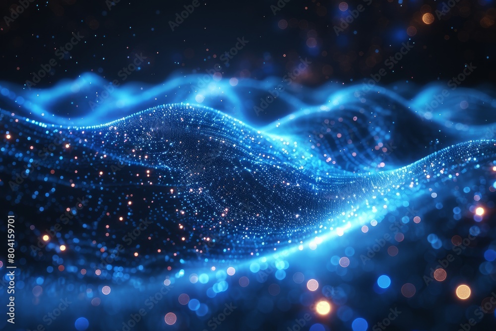 Poster an elegant background capturing an undulating wave of blue sparkling particles, simulating the motio