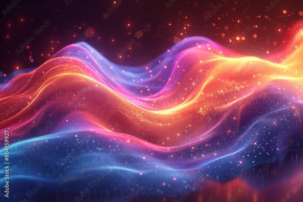 Poster digital landscape with flowing waves of fiery colors and sparkling particles, creating an abstract b