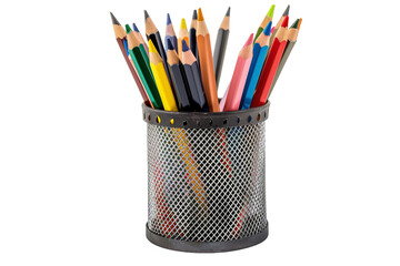 Colored Pencils in Mesh Holder - Isolated on White Transparent Background, PNG
