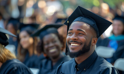 Fototapeta premium Education, gesture and people concept - group of happy international students in mortar boards and bachelor gowns with diplomas celebrating successful graduation
