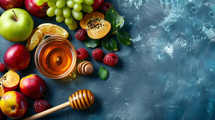 Composition with ripe fruits and sweet honey on color