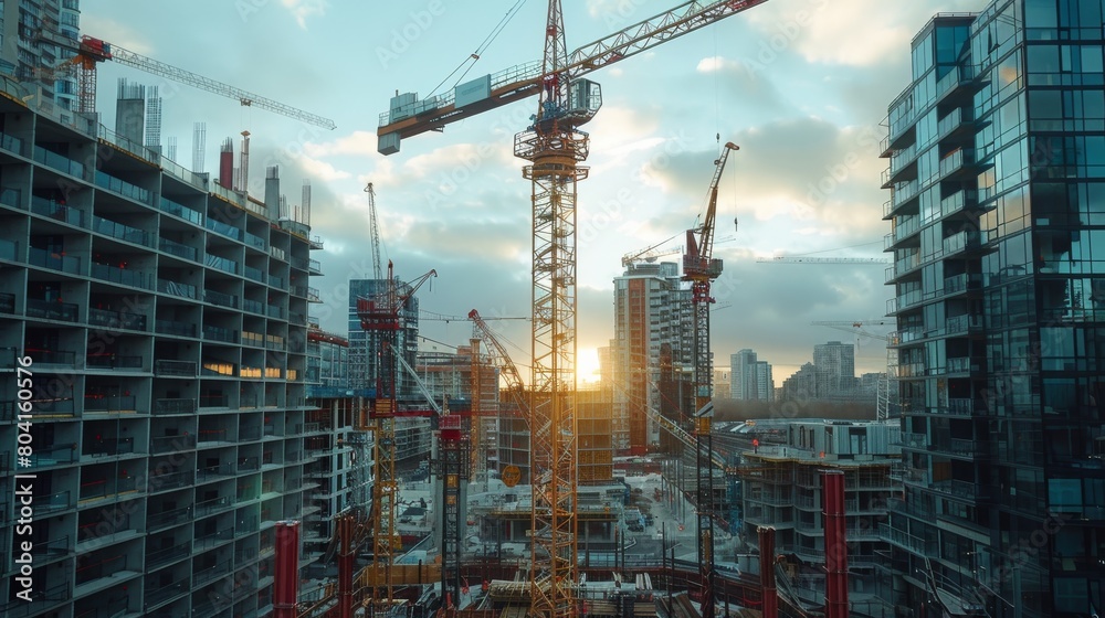 Poster construction site view with tower crane. generative ai.