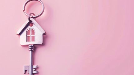 Key with trinket in house shape on pink background.