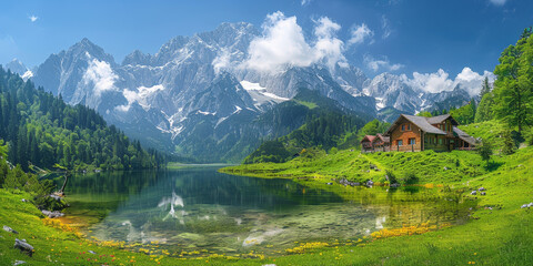 Fototapeta premium a wooden house beside serene lake with mountain background. Wood cabin on the lake , lake in the mountains, natural landscapes. Nature background