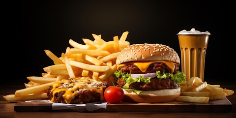 hamburger with french fries and vegetables on a black background.