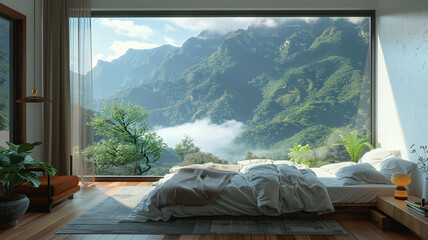 modern bedroom with large window overlooking the mountain