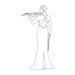 Silhouette of a beautiful woman with a violin in a modern continuous line style. Violinist girl, slender. Continuous line drawing, decor aesthetic outline, posters, stickers, logo. Vector illustration