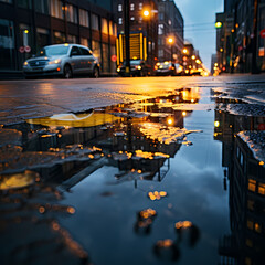 Abstract reflections in a rain puddle on a city street