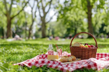 A picnic was set up on the grass in an open park, with a red and white checkered blanket and a basket full of food items like bread, fruits, and cheese, and cold drinks