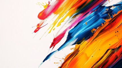A modern, abstract painting, vibrant splashes of paint and bold strokes set against a solid, gallery white studio background.