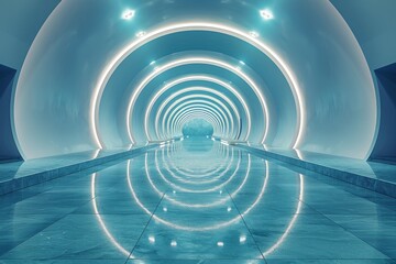 This image showcases a futuristic tunnel with a brilliant blue glow and a highly reflective floor, leading into the infinite