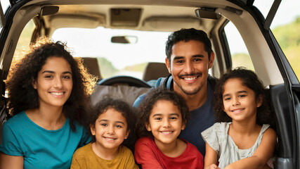 family sitting inside car trunk to leave for summer vacation. happy latin american father mother, 3 three little kids daughter's, prepare luggage in vehicle to go on a road trip, ready for travel time