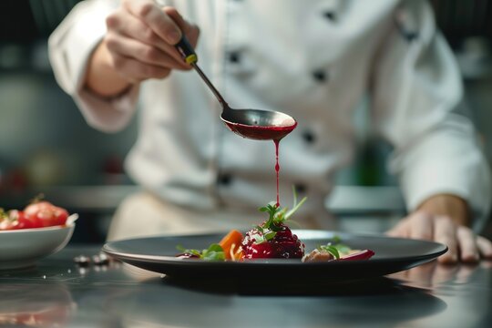 Closeup of a professional chef in a white uniform using a spoon to drip red sauce over a dish with an appetizer on a dark plate, ready for serving at a restaurant or hotel kitchen