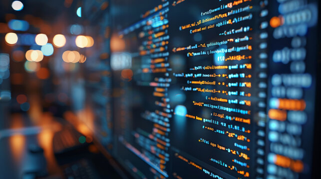 Close-up of a computer monitor that shows lines of code in a dark environment. Generative AI.