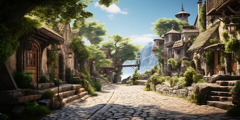 3D render of a fairy tale medieval village in the mountains.