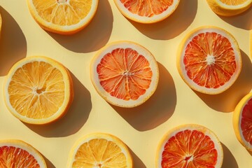 Top view of freshly cut orange and blood orange slices artistically arranged on a vibrant yellow background, casting soft shadows, depicting healthy eating and summer vibes