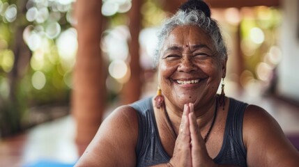 senior woman african american with dark hair smiling practicing yoga - Powered by Adobe