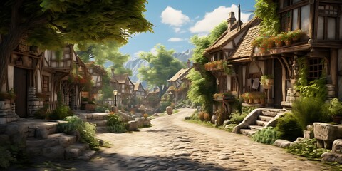 Naklejka premium 3D render of a fairy tale medieval village in the mountains.