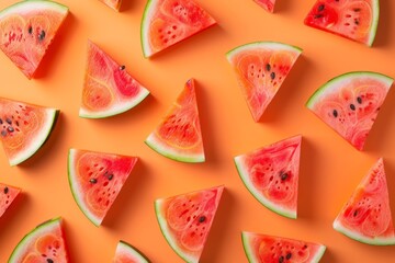 Colorful display of fresh watermelon slices arranged in a random pattern on a bright orange background, creating a cheerful and summery flat lay composition perfect for various designs
