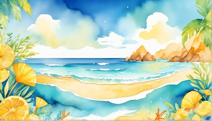 yellow theme watercolor sea summer background from Generative AI