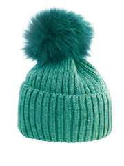 knitted hat isolated on white background.hat with pompon.