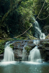 Cascading waterfall over rocks in rainforest with vines