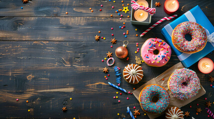 Composition with tasty donuts gift candles dreidels 