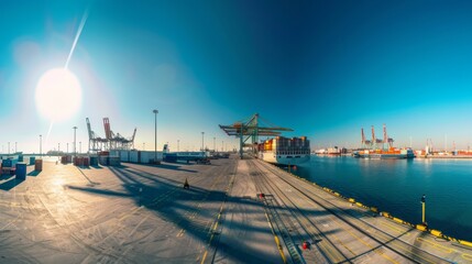 A panoramic view of a bustling port under a clear blue sky, with ships lined up along the docks and cranes towering overhead