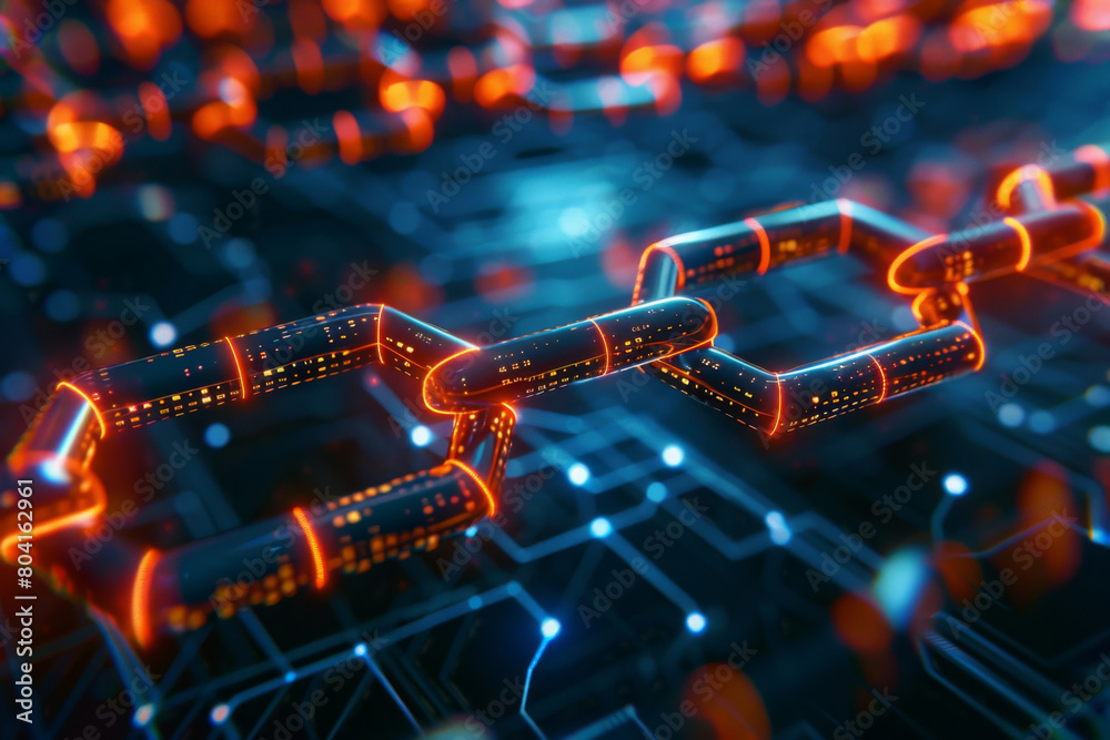 Poster abstract 3d illustration of interconnected glowing blockchain links signifying secure data transfer 