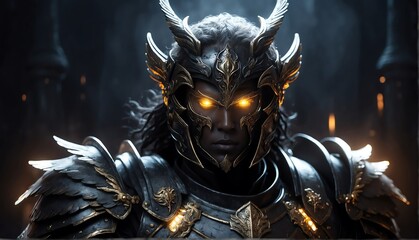 portrait of black theme angel warrior with glowing eyes and armor on fantasy dark background from Generative AI