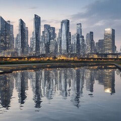 Obraz premium City skyline reflecting in a calm river.