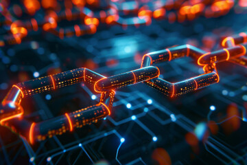 Abstract 3d illustration of interconnected glowing blockchain links signifying secure data transfer on a digital network. Suggesting concepts of cryptocurrency. Decentralized systems