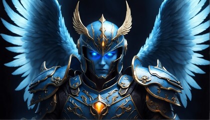 portrait of blue theme angel warrior with glowing eyes and armor on fantasy dark background from Generative AI