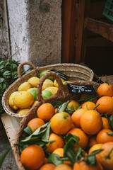 Market scene with citrus fruits in traditional baskets, displaying freshly picked lemons and oranges