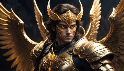 portrait of gold theme angel warrior with glowing eyes and armor on fantasy dark background from Generative AI