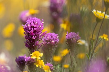 Closeup of spring wild flowers in the meadow during superbloom season. Santa Margarita, California, United States of America.