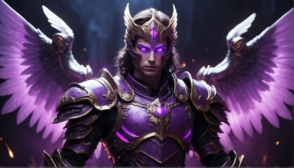 portrait of purple theme angel warrior with glowing eyes and armor on fantasy dark background from Generative AI