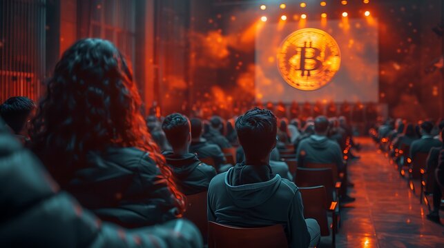 Visualize a series of public forums depicted in a documentary-style film, analyzing how different demographics perceive Bitcoin.