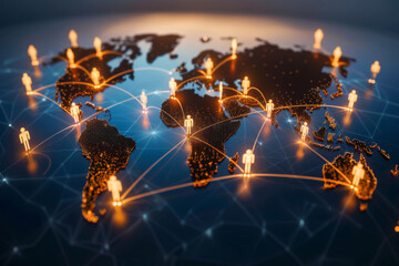 Digital illustration showing a stylized world map connected by glowing lines and human icons. Representing international communication. Social media. And global networking in a modern