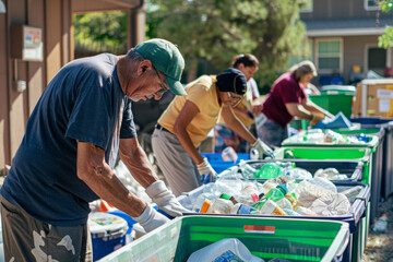Dedicated elderly gentleman and other volunteers sort various recyclable materials during a local environmental initiative, focused on waste management and sustainability in a suburban neighborhood