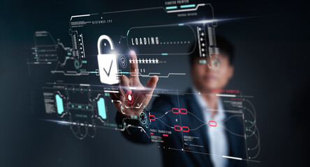 Businessman protecting personal data is critical to doing business in the era of AI computing. Cybersecurity and privacy concepts to protect data. Lock icon and internet network security technology