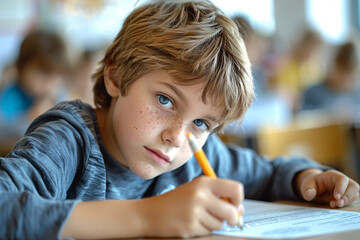 A young boy with blond hair and blue eyes writing a test at school