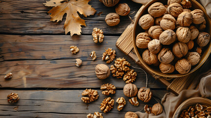 Composition with tasty walnuts on table