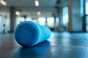 Selective focus shot of a blue foam roller on a textured gym floor, highlighting its pattern and...